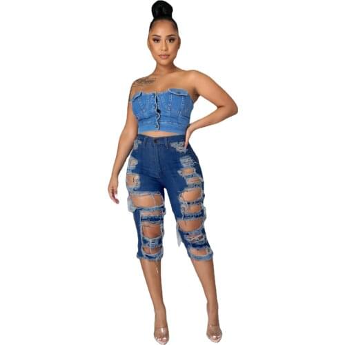 2021 New Leisure Vacation Blue Skinny High Waist Pants Jeans Womens Outfits Denim Knee Length Shorts Trousers Hole Tessal