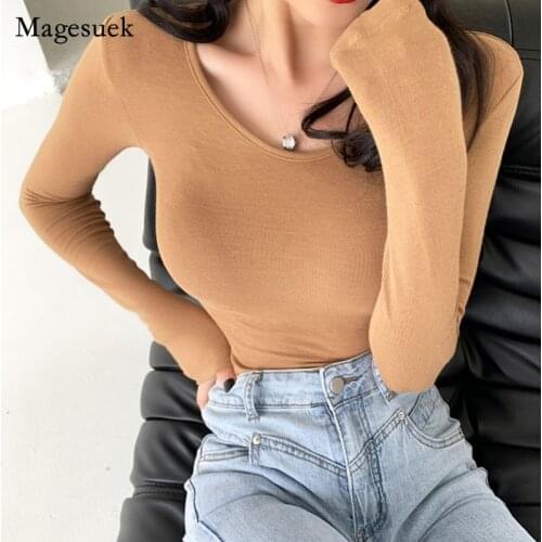 2021 Autumn Winter Cotton Solid O-neck Knitted Shirt Women New Sexy Long Sleeve T-shirts Casual Simple Sweater Shirt Blusa 15917