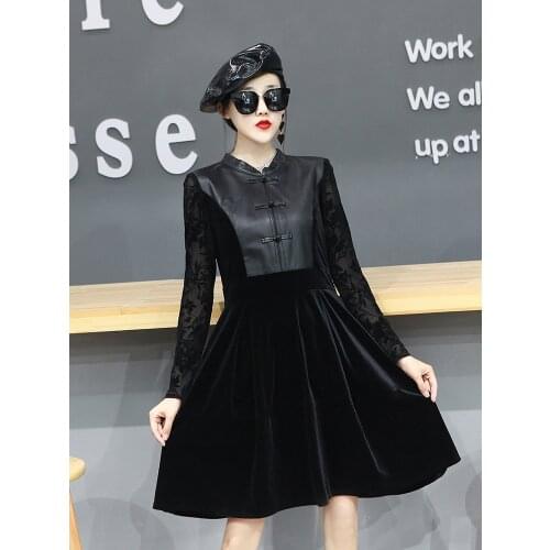Real Sheepskin Leather Dresses for Women Spring Autumn 2021 Sexy Lace Dress Female High Waist Dress Kobieta Sukienka Zjt1958