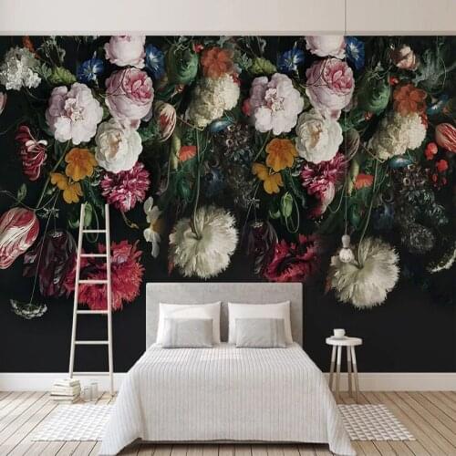 Custom Photo Mural Papel De Parede 3D Wall Painting Retro Black Floral Wallpaper For Living Room Bedroom Wall Papers Home Decor