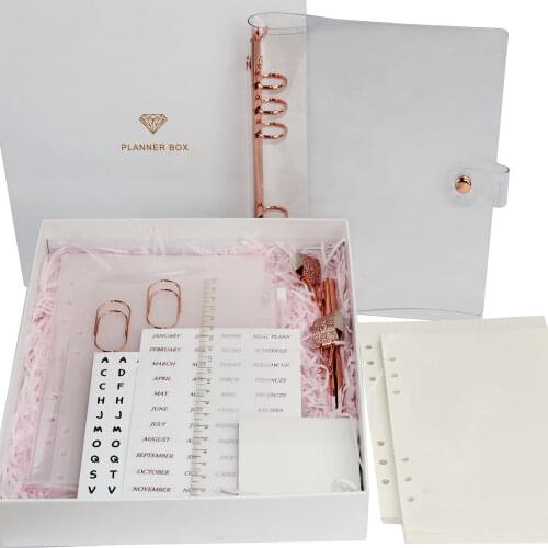 Transparent Loose Leaf PVC Clear Binder Cover 6 Ring Rose Gold Binder Clips Large Notebook A5 Planner Journal Set