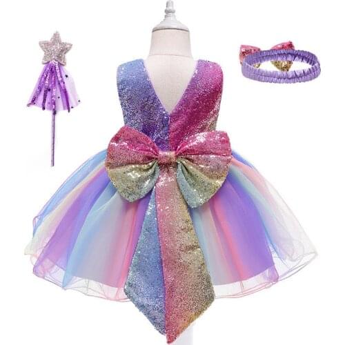 Rainbow Color Princess Party Dress For Girls Big Bowknot Birthday Costume Luxury Shining Sequined Girl Frocks Clothing