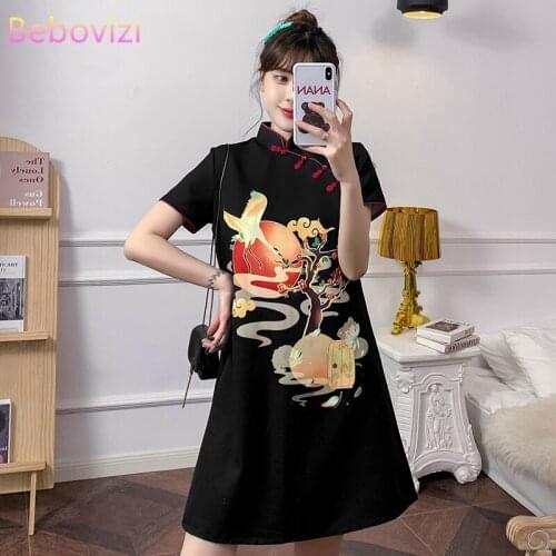 Plus Size M-4XL 2021 New Black Loose Fashion Modern Cheongsam Dress Women Short Sleeve Qipao Traditional Chinese Style Clothes