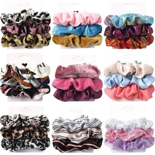 3Pcs Silk Scrunchies Print Leopard Scrunchie Set Elastic Hair Bands Solid Color Fashion Headwear Women Hair Accessories Gift