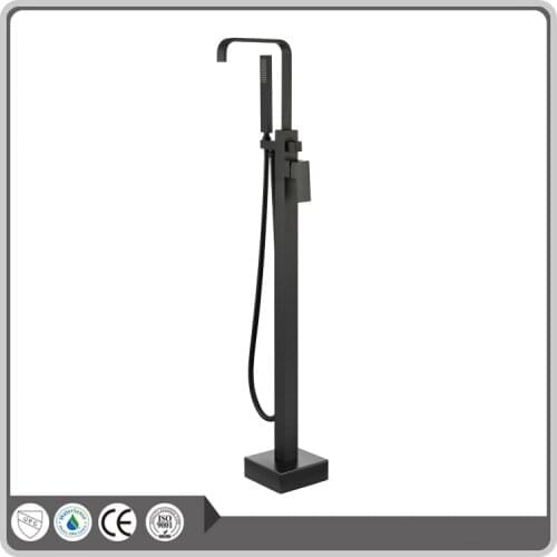 Solid Brass Floor Mount Shower set Mixer Valve Matte black square multi-function waterfall bathroom freestanding tub faucet
