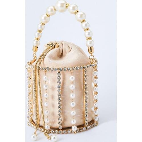 Rhinestone Pearl Evening Bags Women Fashion Design Korean Hollow Handmade Diamond Beaded Bucket Handbag Alloy Dinner Clutchs
