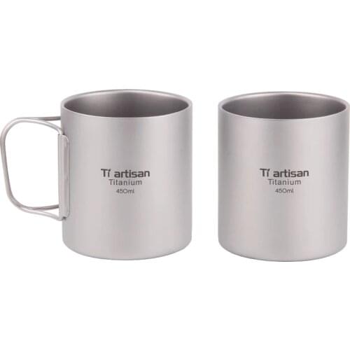 Tiartisan Outdoor 220ml-450ml Double Layer Titanium Mug Camping Mug Titanium Coffee CUP Foldable Handle or Without Titanium Pot
