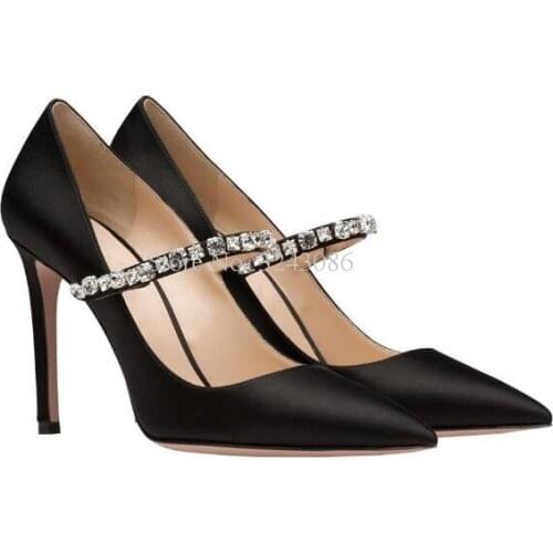 New Women Crystal Shoes Fashion Black Satin Rhinestone Stiletto Heel Pumps Single Shoes Lady Large Size Banquet Shoes Dropship