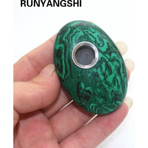 Runyangshi Higth Quality Green Malachite Raw Stone Handlebars Crystal Stone Smoking Pipes