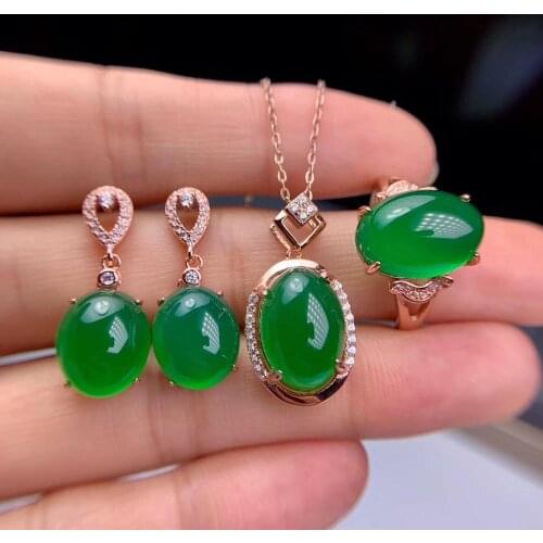 KJJEAXCMY boutique jewelry 925 sterling silver inlaid Natural green chalcedony Necklace Ring Earring Set Support Test