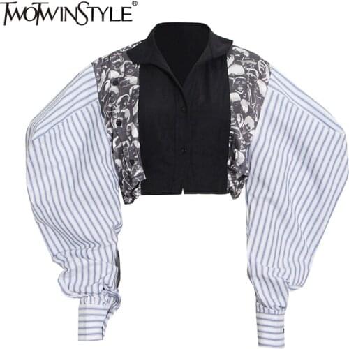 TWOTWINSTYLE Striped Blouses For Women Loose Colorblock Lapel Puff Long Sleeve Short Top Slim Shirts Female 2021 Autumn Clothing