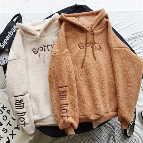Autumn Winter Coat White Sweet Hooded Sorry Print Harajuku Loose Pocket Hoodies Womens Fleece Flannel Pullover Female Sweatshirt