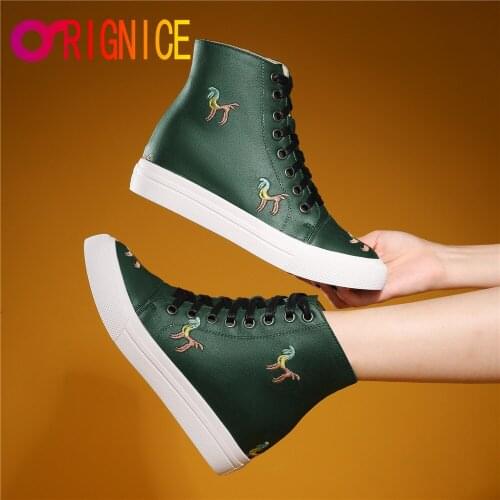 Orignice Vintage Women Flat Ankle Boots Embroidered 2021 Spring Autumn Lace Up Soft Sheepskin Casual Comfortable Shoes Green