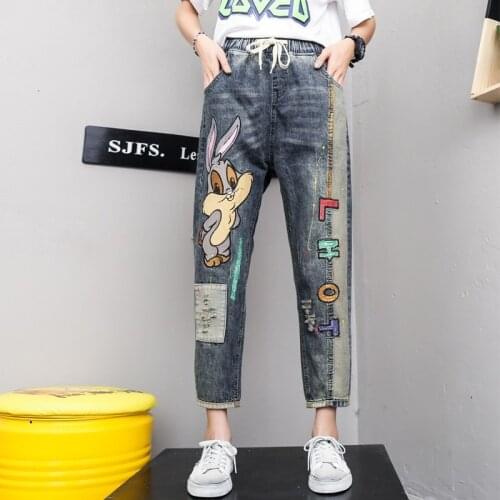 2021 New Autumn Korea Fashion Women Elastic Waist Loose Vintage Jeans Hole Cartoon Embroidery Patch Casual Denim Harem Pants 3XL