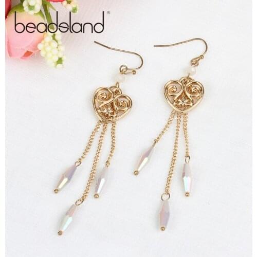 Beadsland heart shape glass beads metal long tassel earring vintage ethnic chinese style long tassel women earring