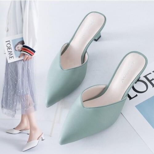 For Mid heel 5 cm comfortable solid color Baotou half slippers female summer new breathable tapered high heel light