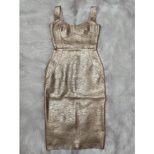2021 Top Quality Summer Bandage Dress Gold Spaghetti Strap Bodycon Knee Length Elegant Evening Sleeveless Sheath Vestidos Party