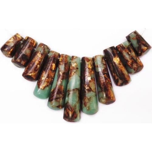 11Pcs/set 40x10x5mm-16x10x6mm Wholesale Green And Brown Sea Sediment Jasper & Pyrite Oblong Pendant Bead S60