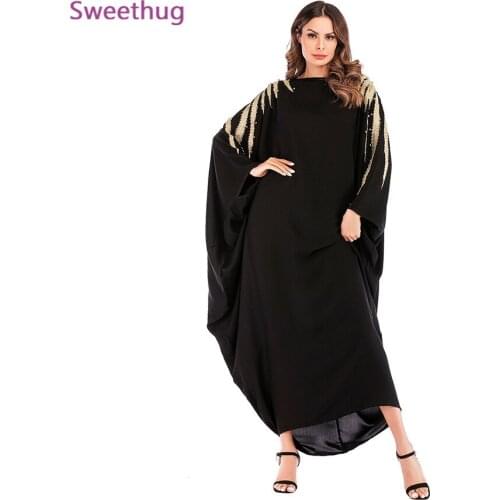 2021 Beadings Decoration Ramadan Abaya Women Fashion O-Neck kaftan Gown Beads Batwing Sleeve eid Robe Loose maxi Dress