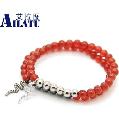 Ailatu New Men & Women Jewelry 6mm Red Stone Beads Micro Inlay Zircon Snake Bracelet Animal Shape