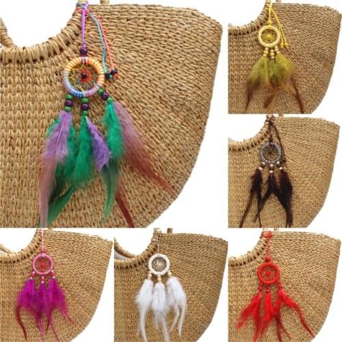 1pc NEW Boho Style Dreamcatcher Keychains Colorful Feather Leaf With Wood Beads Keyring Women DIY Jewelry