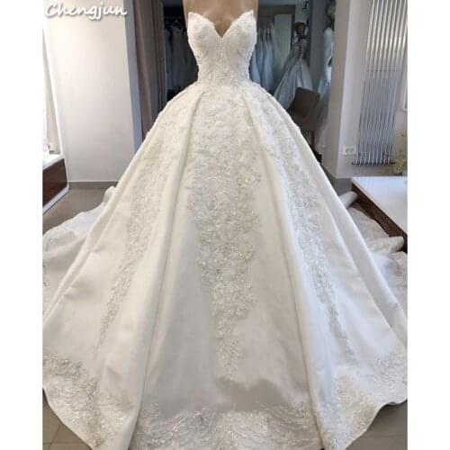 Chengjun Custom Made Ivory Satin Sweetheart Bridal Luxury Ball Gown Wedding Dress
