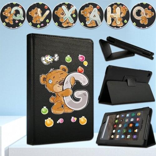 For Amazon Fire 7/Fire HD 8/Fire HD 10 PU Leather Tablet Back Suppor Cover Case Cute Bear Letter Series+Free Stylus