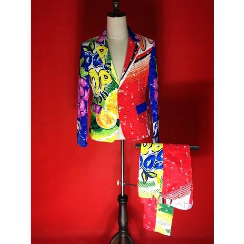 New Fashion Mens Personality fruits print flower Suit costumes Nightclub bar Male Singer DJ Stage Model stage show wear