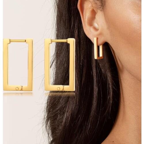 Square Geometric Rectangle Hoop Earrings Stainless Steel Silver Color Ear Huggie Hoops Stylish Dangle Minimalist Boho Earrings