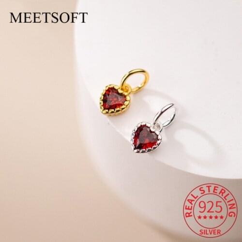 MEETSOFT Romantic 925 Sterling Silver Red Zircon Heart Charms of DIY Handmade Making Finding Jewelry bracelet material Accessory