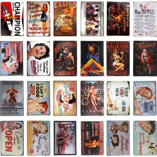 Pin Up Girl Metal Tin Signs Sexy Women Wall Decor Art Plate Paintings Vintage Man Cave Iron Painting Bar Garage Plaques Decor