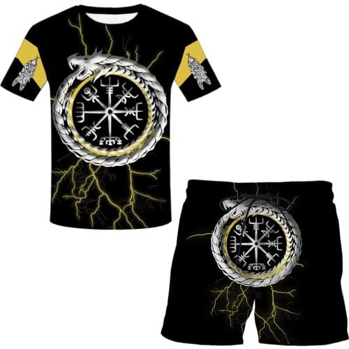Mens sportswear suit mens 3D short-sleeved Viking printing casual slim athlete T-shirt shorts sports suit symbol - Tattoo men