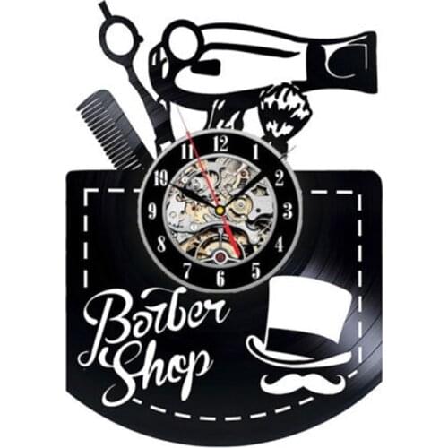 Barber Shop Wall Clock Modern Design Hair Salon Scissors Murals Shave And Haircut Logo Vinyl Record Wall Clock Hairdresser Decor