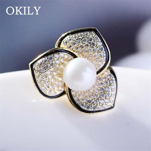 OKILY Exquisite Zircon Leaf with Pearl Brooch for Women Charming Collar Lapel Pin Fashion Jewelry Party Garment Accessories