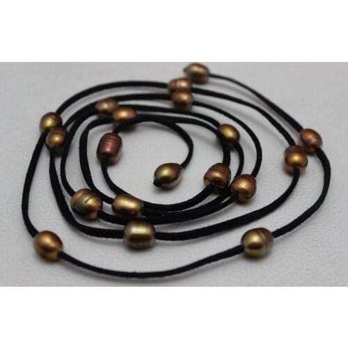 New Arriver Leather Pearl Jewelry Black Leather Golden Brown Freshwater Pearl Necklace 10x12mm 48 inches Handmade Necklace
