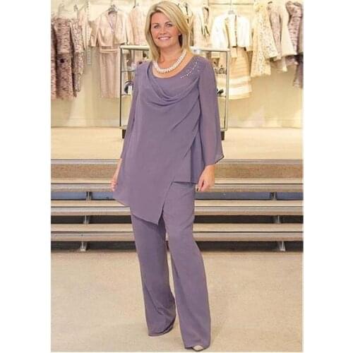 With Pants Mother Of The Bride Dresses A-line Long Sleeves Chiffon Beaded Long Groom Mother Dresses For Weddings