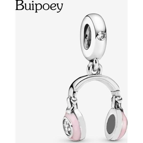 Buipoey 2Pcs/lot Pink Headphones Beads Rhinestone Charms Fit Brands Necklace Bracelets For Women Men Diy Jewelry Making Gift