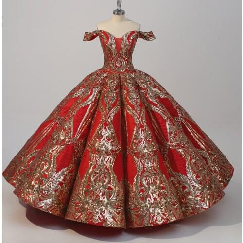 Dubai Luxury Red Wedding Dresses 2020 Gold Sequined Lace Off Shoulder Bridal Gowns Vestido de novia Custom Size