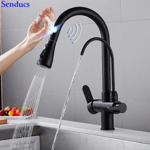 Sensor Kitchen Mixer Tap Senducs Three Ways Black Pull Out Water Filter Faucet Brass Intelligent Touch Sensing Kitchen Faucet
