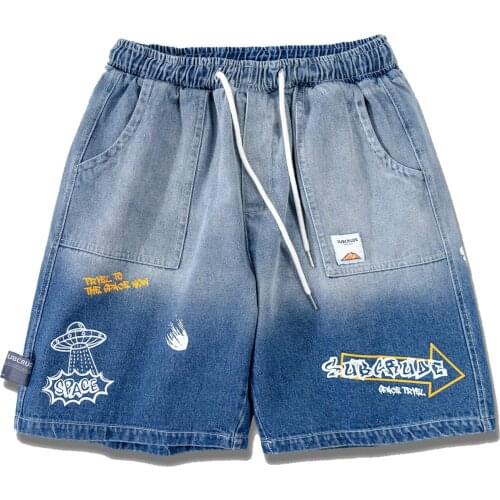 Summer Short Men Denim Jeans Streetwear Hip Hop Graffiti UFO Space Tie Dye Short Pants Harajuku Loose Jeans Shorts 2021 Summer