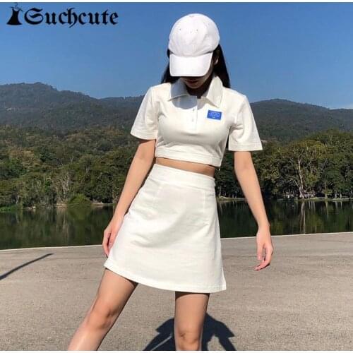 SUCHCUTE Casual Activewear Crop Top And Mini Skirts Two Pieces Sets Summer 90s Letter Print Womens Suit Korean Streetwear