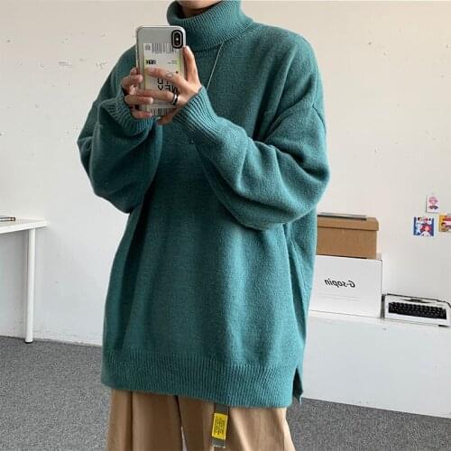Turtleneck Sweater All-match Streetwear Long Sleeve Lapel Knit Solid Casual Sweaters Pullover Loose Male Clothes Autumn Winter