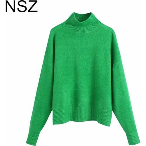 NSZ Women Oversized Mock Neck Basic Green Sweater 2021 Autumn Long Sleeve Large Size Knit Pullover Jumper Ladies Casual Jersey