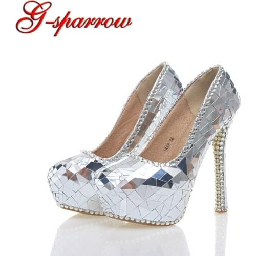 2018 Gorgeous Silver Crystal Bride Wedding Party High Heels Handmade Cinderella Prom Event Shoes Crystal Banquet Pumps Size 43