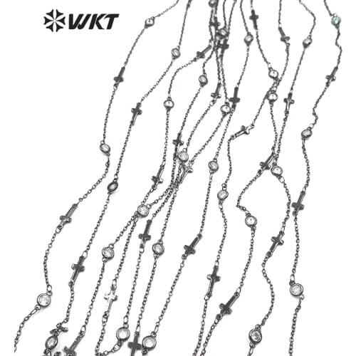 WT-RBC131 New Arrival! Cubic Zirconia & Cross Brass Chain in Gun Black Electroplated Rosary Chain 10 meters For Jewelry Making