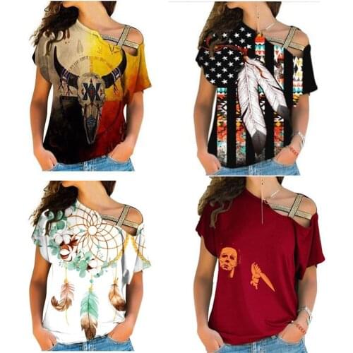 Womens Over Print Cross Shoulder Shirt Vikings Native Cross Short Sleeve Off-Shoulder Shirts Casual One-Shoulder Shirt Top Tee