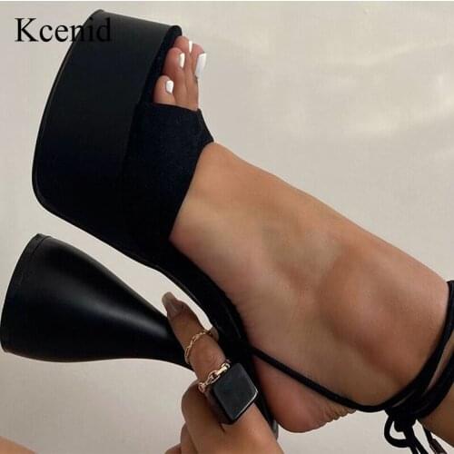 Kcenid Women Black Flock Platform Shoes Lace-Up Strange High Heels Sandals Female Pumps Cross-Tied Peep Toe Shoes New