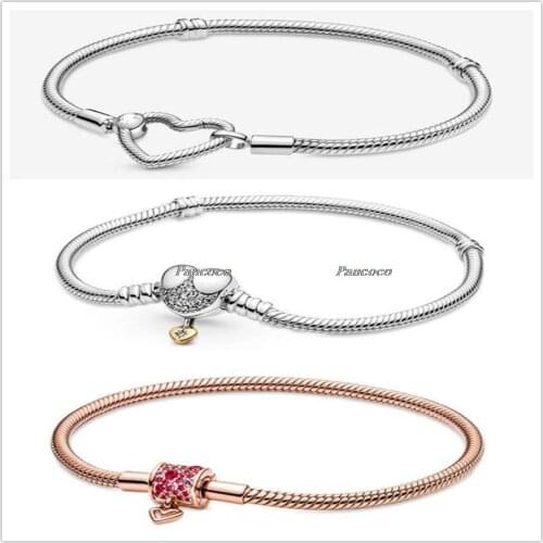 Authentic 925 Sterling Silver Bracelet Moments Heart Closure Snake Chain Bracelet Fit Women Bead Charm Diy Fashion Jewelry