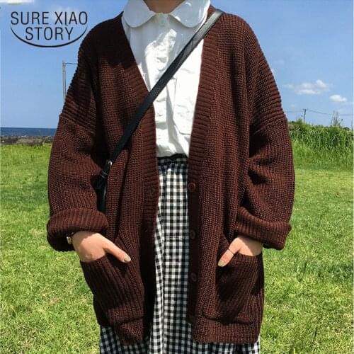 Loose Knit Sweater Women 2021 Autumn Winter Fashion V-neck Long Cardigan Full Casual Solid Button Women Sweater Clothing 10326