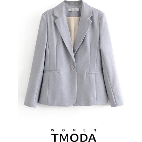 TMODA626 Women 2021 Fashion Office Wear Single Button Blazer Coat Vintage Long Sleeve Pockets Female Outerwear Chic Tops